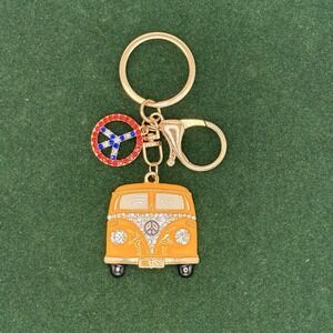 Bus Peace Sign Rhinestone Keychain Yellow Hippie Van Gold Tone Charm